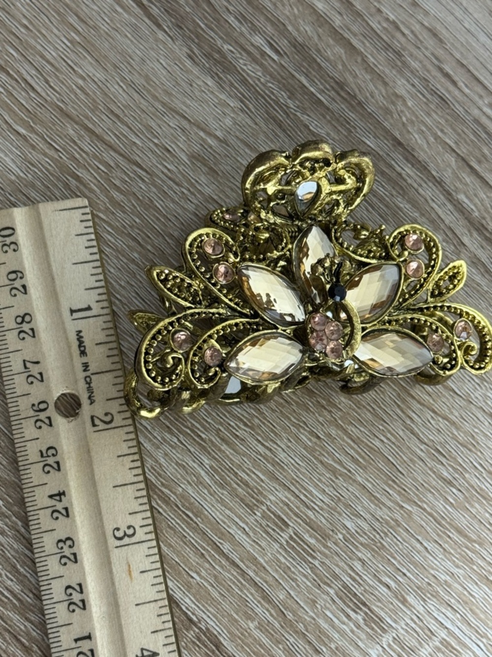 Decorative Butterfly-Themed Hair Claw Clip Antique Gold Finish Sparkly Crystal s - Picture 9 of 10